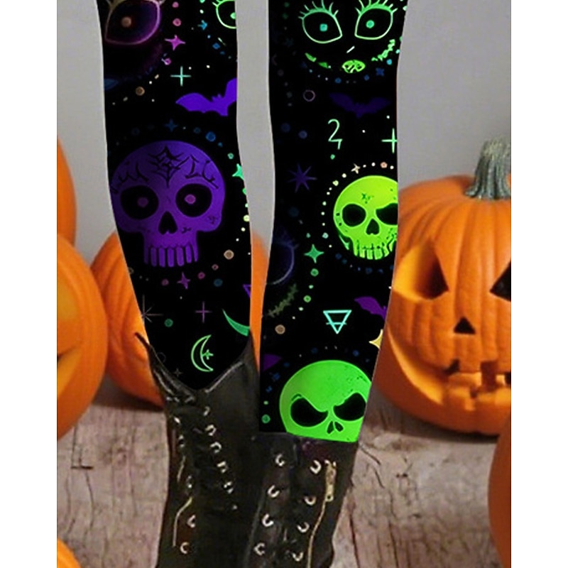Women's Leggings Cozy Leggings Vintage Ethnic Style Basic Full Length High WaistPantsHalloween Skull Printing Thermal Warm Comfortable High Elasticity Vacation Casual Daily Green Fall Winter Slim Fit3