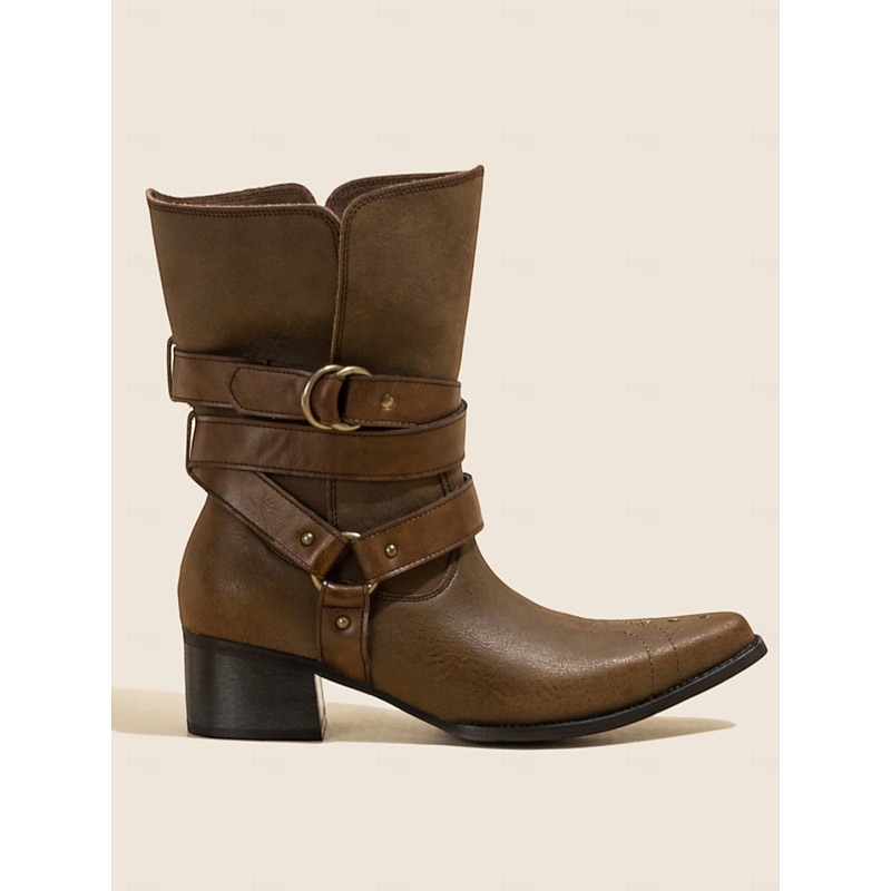 Women's Bohemian Western Style Brown Boots with Buckle Straps and Chunky Heel - Perfect for Casual Wear and Festivals