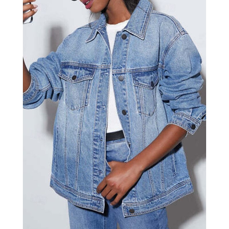 Women's Denim Jacket Comfortable Pocket Buttons Casual Plain Vacation Going out Weekend Regular Turndown Loose Fit Long Sleeve Outerwear Black Blue Spring Fall