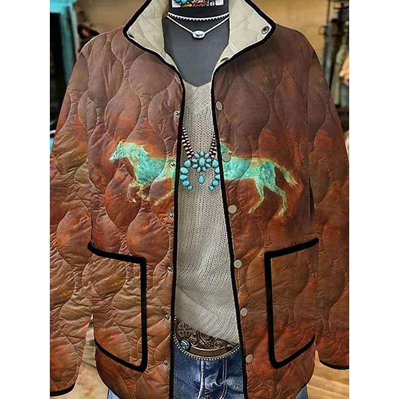 Women's Winter Jacket Quilted Jacket Warm Lightweight Buttons Print Active Vintage Artistic Casual Animal Casual Regular Stand Collar Regular Fit Long Sleeve Outerwear Coffee Fall Winter3