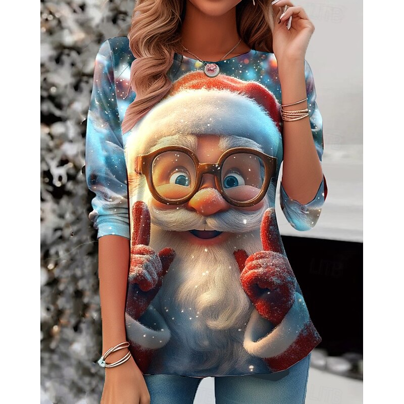 Christmas Women's T Shirt Santa Claus Snowflake Vintage Stylish Classic Long Sleeve Crew Neck Round Neck Regular Tops Weekend Print Black Red Blue Light Grey Winter2