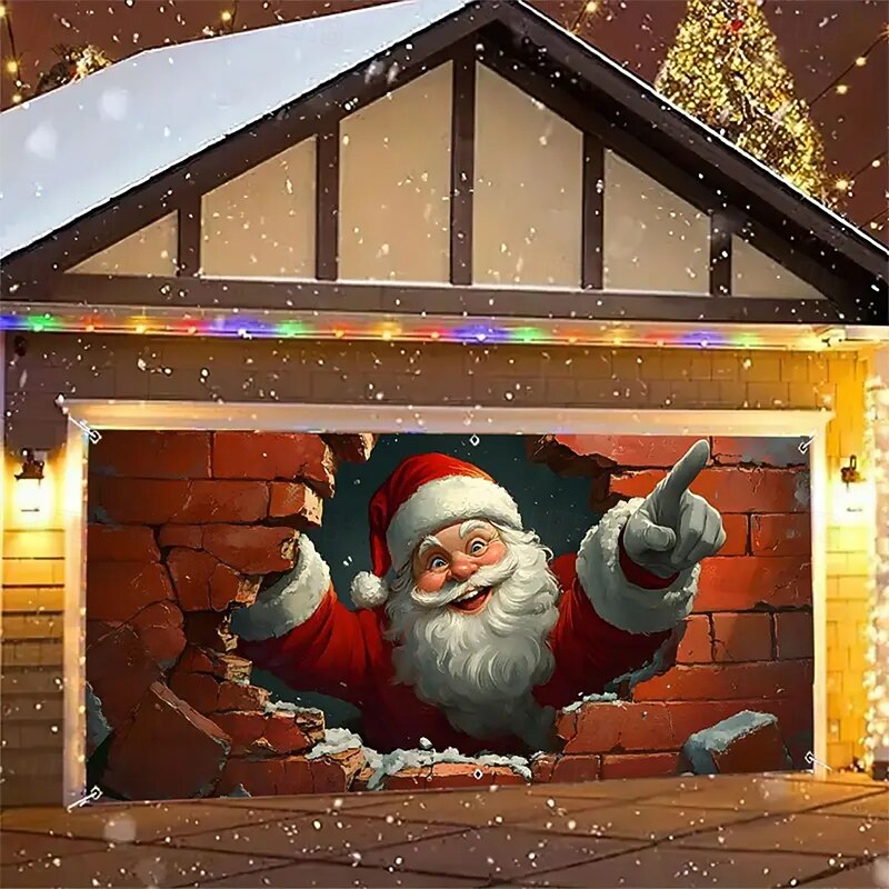 Christmas Garage Door Cover Large Hanging Backdrop Gift Santa Claus Cute 3D Party Outdoor Holiday Shooting Backgrounds Yard Home Decor
