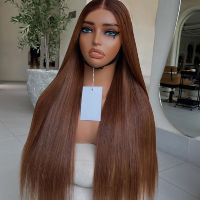 Brazilian 100% Virgin Remy Human Hair Glueless 5x5 Lace Closure Wigs 13x4 Lace Front Human Hair Wig Bone Straight Brown Colored Wig Natural Hairline  Glueless Pre-Plucked For Women3