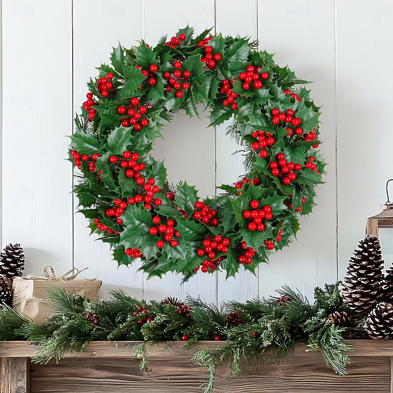 Christmas Wreath for Front Door, Indoor & Outdoor Decoration, Artificial Green Leaves with Red Berries, Holiday Berry Garland for Window, Wall, and Door Display