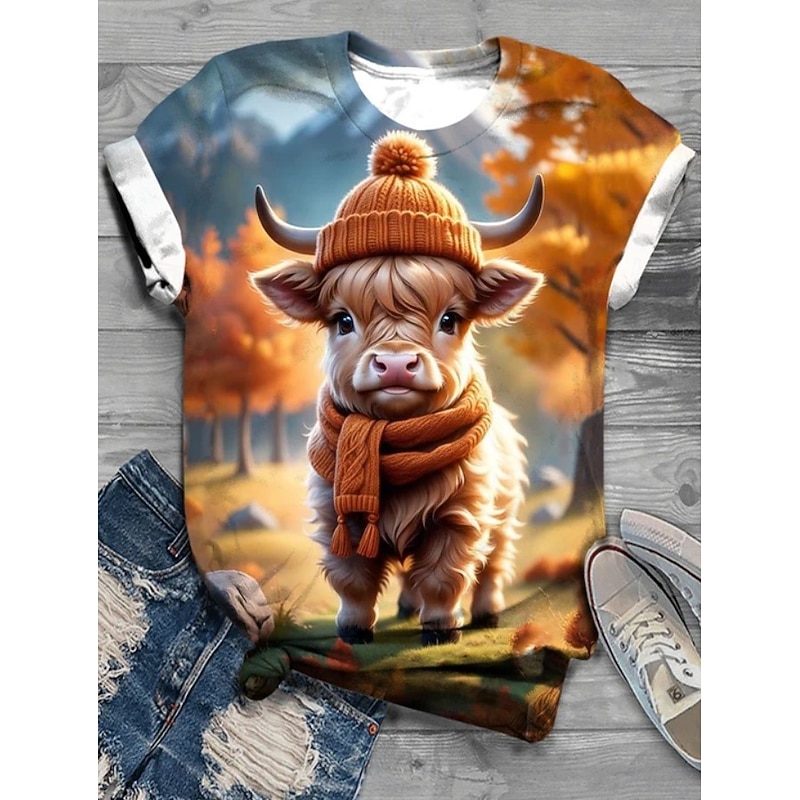 Women's T Shirt Graphic Animal Cow Vintage Stylish Classic Short Sleeve Crew Neck Regular Tops Daily Weekend Print Pink Light Brown Blue Brown Gray Spring Fall Winter4