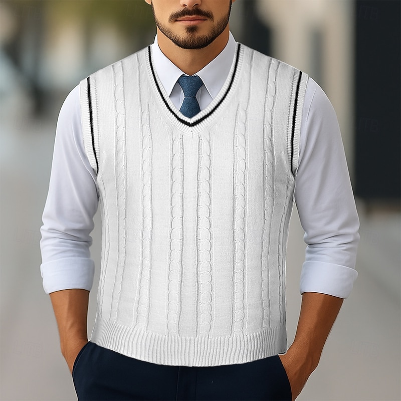 Men's Sweater Sweater Vest Pullover Sweater Jumper Cable Knit Regular Tops Knitted Slim Fit Geometric V Neck Knitwear Contemporary Casual Daily Wear Clothing Apparel Winter Spring &  Fall Wine Black3