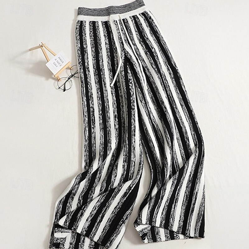 Women's Wide Leg Pants Trousers Palazzo Pants Fashion Streetwear Full Length High Waist Stripe Elastic Waist Knitted Breathability Comfortable Street Daily Wear Going out Black Yellow Khaki Spring4