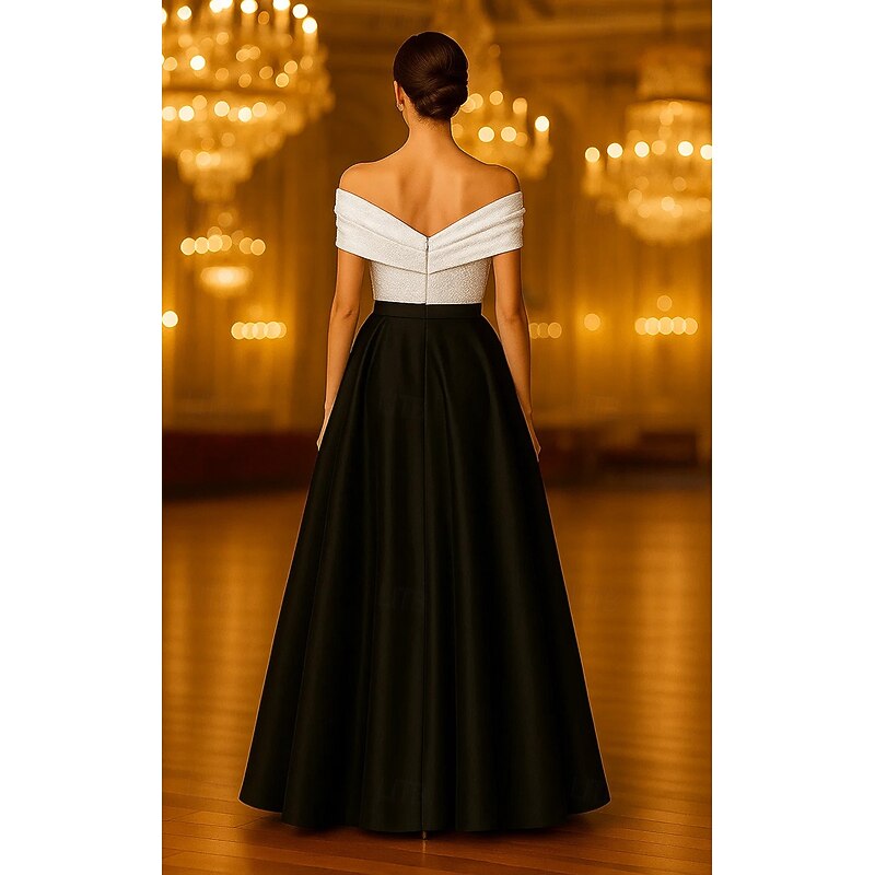 Black and White Sequin A-Line Evening Gown Elegant Formal Dress Formal Wedding Floor Length Sleeveless Off Shoulder Pocket Satin with Pleats Slit 20253