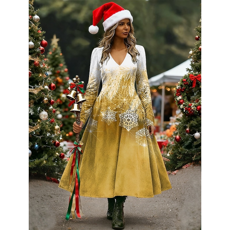 Christmas Women's Midi Dress A Line Dress Vacation Casual Daily Regular Fit Floral Graphic Long Sleeve V Neck Yellow Red Blue Green Spring Fall Winter4