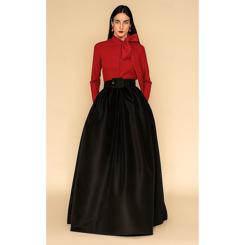 Shirtdress Gown Evening Gown Elegant Formal Dress Formal Wedding Floor Length Long Sleeve High Neck Pocket Satin with Bow(s) 20254