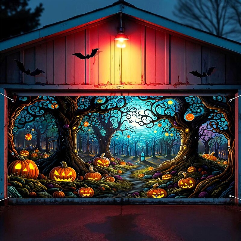 Halloween Tapestry Garage Door Cover Large Hanging Backdrop Pumpkin Cemetery Tree Dark Punk Gothic Style Party Outdoor Shooting Backgrounds Yard Haunted House Home Decor4