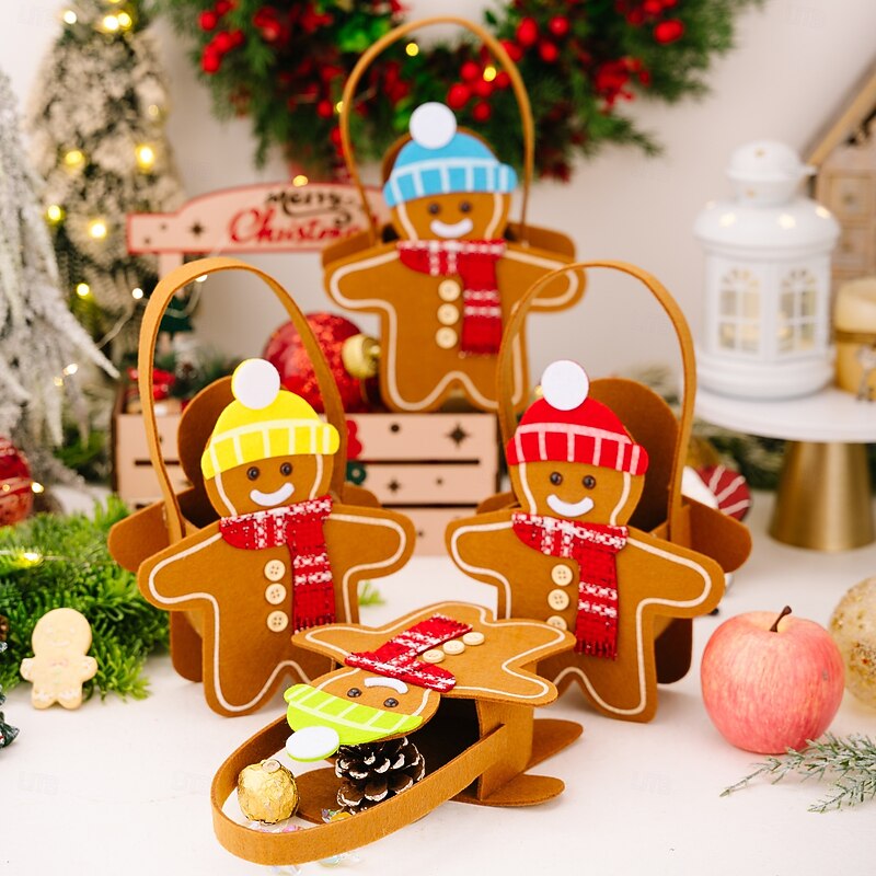 4PCS Christmas Gingerbread Gift Bags, Double-Sided Cartoon Gingerbread Man Tote Bags, Holiday Candy Bags for Kids, Xmas Party Favor Bags2
