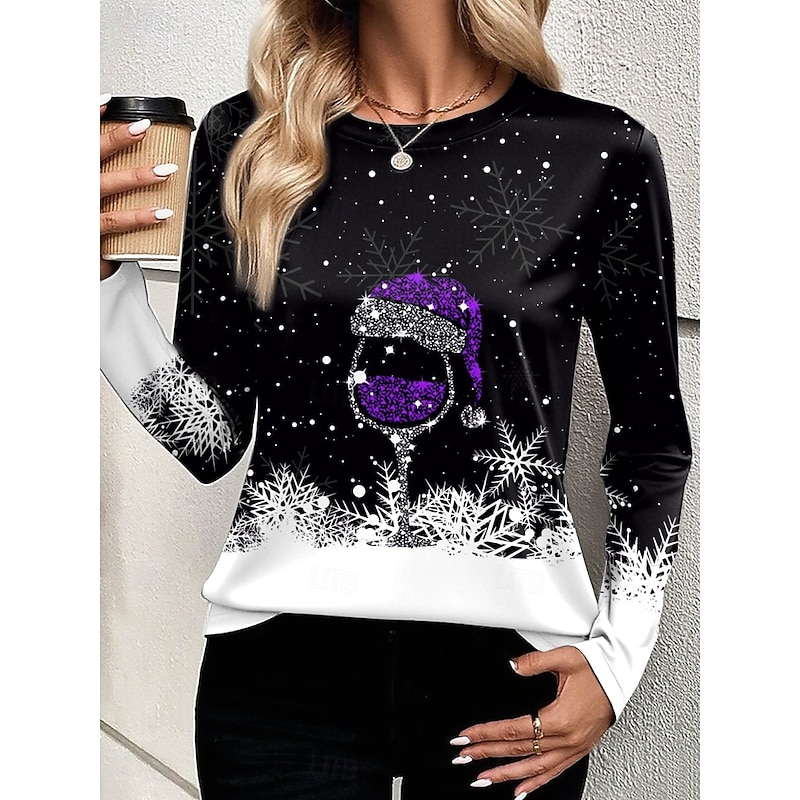 Christmas Women's T Shirt Graphic Snowflake Wine Glass Fashion Casual Long Sleeve Crew Neck Round Neck Regular Tops Daily Weekend Print Red Blue Purple Green Summer Spring Fall Winter3