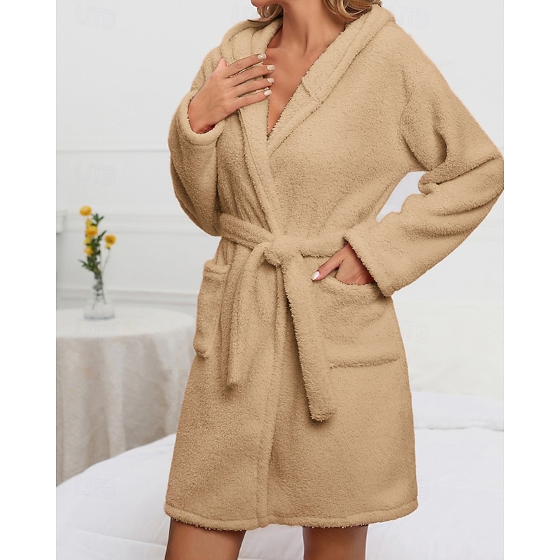 Women's Pajamas Robe Fashion Casual Pure Color Lace Vacation Home Bed Long Sleeve Hoodie Pink Khaki Fall Winter Tailored Fit3