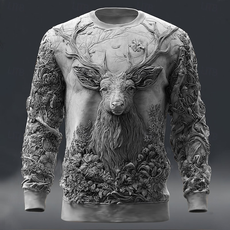 Men's 3D Print Deer Sweatshirt Casual Crew Neck Vacation Party Gift Green Khaki Crewneck 3D All Seasons Designer3