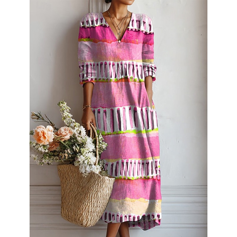 Women's Midi Dress A Line Dress Vacation Casual Daily Regular Fit Floral Graphic Long Sleeve V Neck Pink Red Brown Summer Spring Fall3