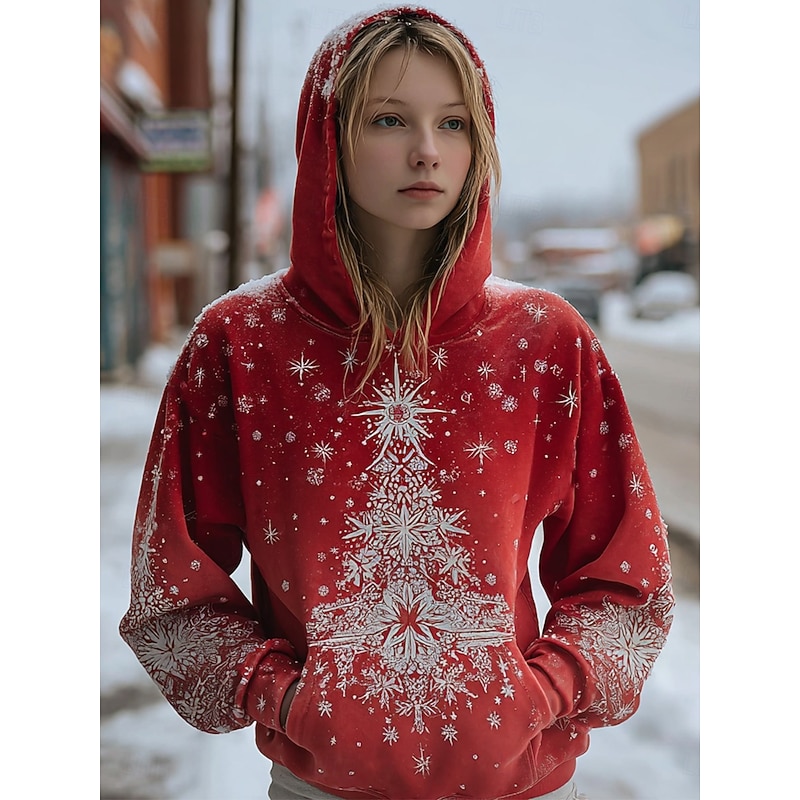 Women's Pullover Hoodie Sweatshirt Graphic Christmas Tree Tribal Casual Long Sleeve Hooded Regular Tops Party Evening Wear Street Dailywear Black Red Green Spring Fall Winter3