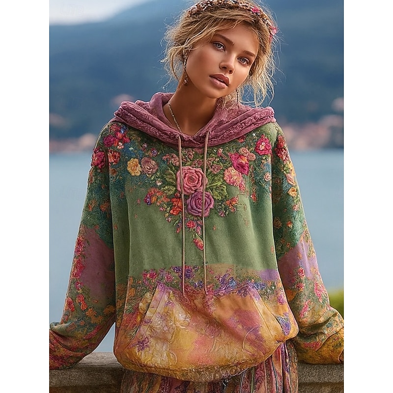 Women's 3D Print Vintage Boho Hoodie Patchwork Hoodie Sweatshirt Floral Pullover Sweatshirt Casual Long Sleeve Hooded Street Dailywear Front Pocket Grass Light Pink Purple Green Spring Fall Winter - Main Image