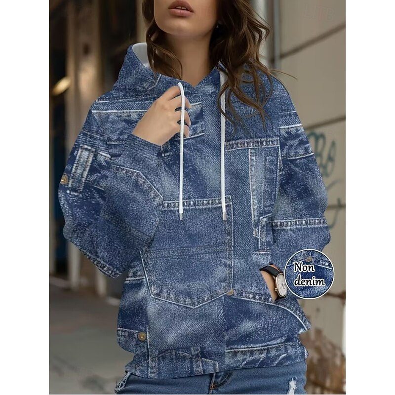 Women's Pullover Hoodie Sweatshirt Graphic Geometric Punk Active Vintage Long Sleeve Hooded Regular Tops Street Dailywear Print Front Pocket Denim Blue Red Spring Fall Winter2