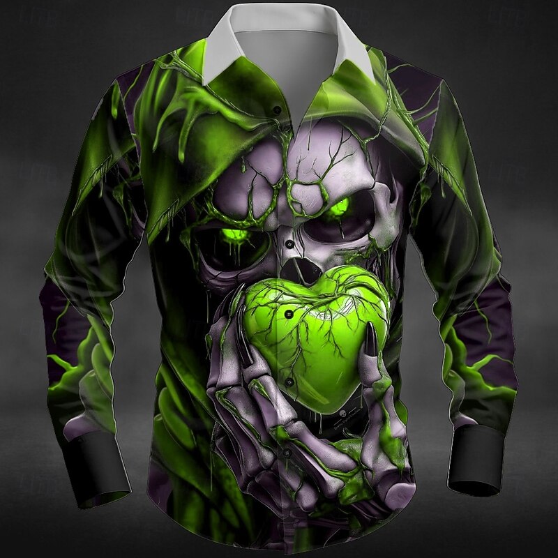 Halloween Men's Heart Skull Grim Reaper Shirt Button Up Shirt Long Sleeve Dark Punk Gothic Style Outdoor Holiday Summer Spring Turndown 3D Print Collared Shirts Red Blue Green2
