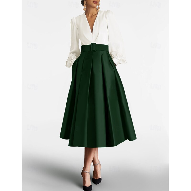 Beach Wedding A-Line Cocktail Dresses Elegant Dress Formal Wedding Guest Tea Length Long Sleeve V Neck Satin with Ruched Dresses3