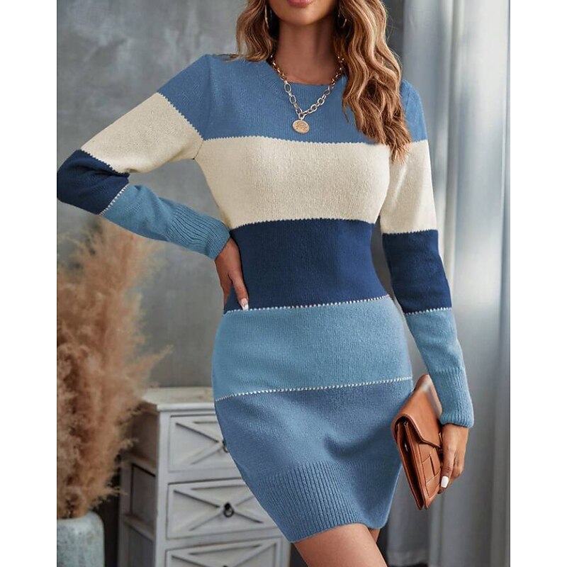 Women's Mini Dress Feather Dress Bodycon Modern Outdoor Going out Weekend Regular Fit Striped Long Sleeve Crew Neck Royal Blue Light Brown Spring Fall