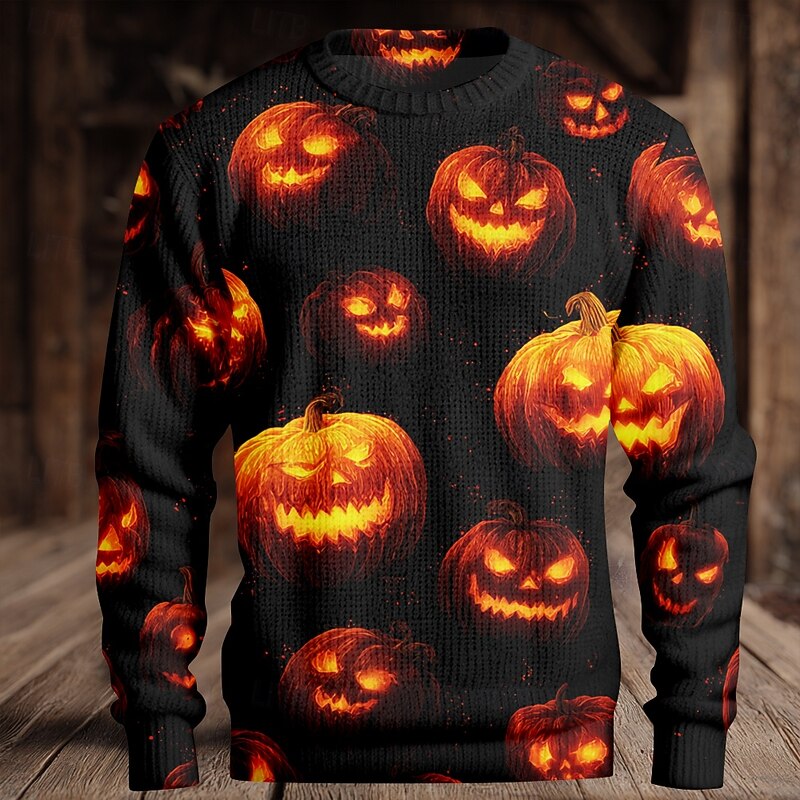 Halloween Men's Pumpkin Pullover Sweater Jumper Knitwear Crewneck Casual Vacation Daily Festival 3D Print Keep Warm Long Sleeve Spring Fall Winter Orange