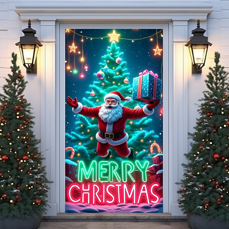 Christmas Door Cover Merry Christmas Holiday Decoration Drapes with Santa Claus and Christmas Gift Boxes Print for Home Entryway Living Room Bedroom Indoor Outdoor Festive Seasonal Decor