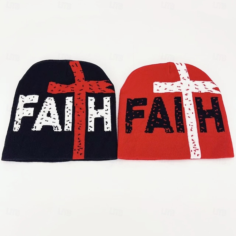Men's Unisex Beanie Hat Winter Hats Beanies Skull Cap Knit Hat Black Red Acrylic Fibers Jacquard Knitted Cozy Halloween Daily Wear Festival Cross Faith Warm