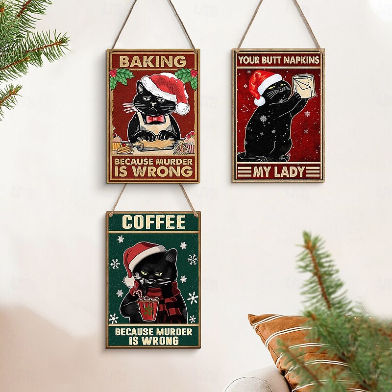 Christmas Wooden Black Cat Hanging Sign, Rectangular Xmas Cat Decoration, Colorful Printed Wooden Sign for Room, Home Décor or Holiday Christmas Decorations2