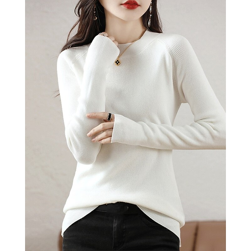 Women's Sweater Pullover Elegant Fashion Streetwear Pure Color Ribbed Crew Neck Knitted Long Sleeve Regular Tops Knit Outdoor Daily Weekend White Red Fall Winter2