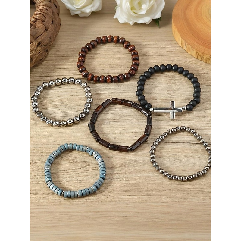 Men's Beaded Bracelet Set with Cross Charm, Multi-Layer Wooden and Metal Stretch Wristbands, Fashion Boho Jewelry for Casual, Party and Everyday Wear4