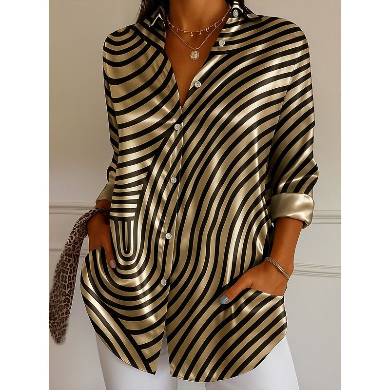 Women's Shirt Dressy Tops Formal Work Shirt Graphic Geometric Striped Elegant Stylish Modern Long Sleeve Collar Party Evening Wear Daily Blue Purple Green Khaki Gray Summer Fall Winter Spring, Fall