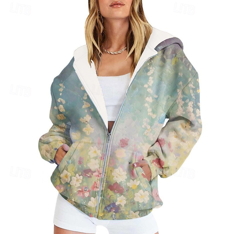 Women's Casual Jacket Comfortable Pocket Print Sports Fashion Outdoor Flower Casual Daily Weekend Zipper Regular Hooded Regular Fit Long Sleeve Outerwear Blue Sky Blue Orange Spring Fall2