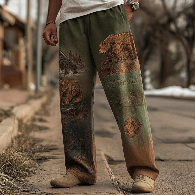 Men's Animal Bear Nature Pants Trousers Casual Pants Mid Waist Drawstring Elastic Waist Vintage Retro Outdoor Camping & Hiking Hunting Straight Leg Trousers Spring Fall 3D Print Green khaki