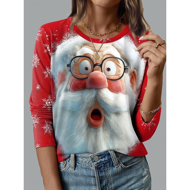 Christmas Women's T Shirt Graphic Santa Claus Fashion Casual Long Sleeve Crew Neck Round Neck Regular Tops Daily Weekend Print Red Blue Green Summer Spring Fall Winter
