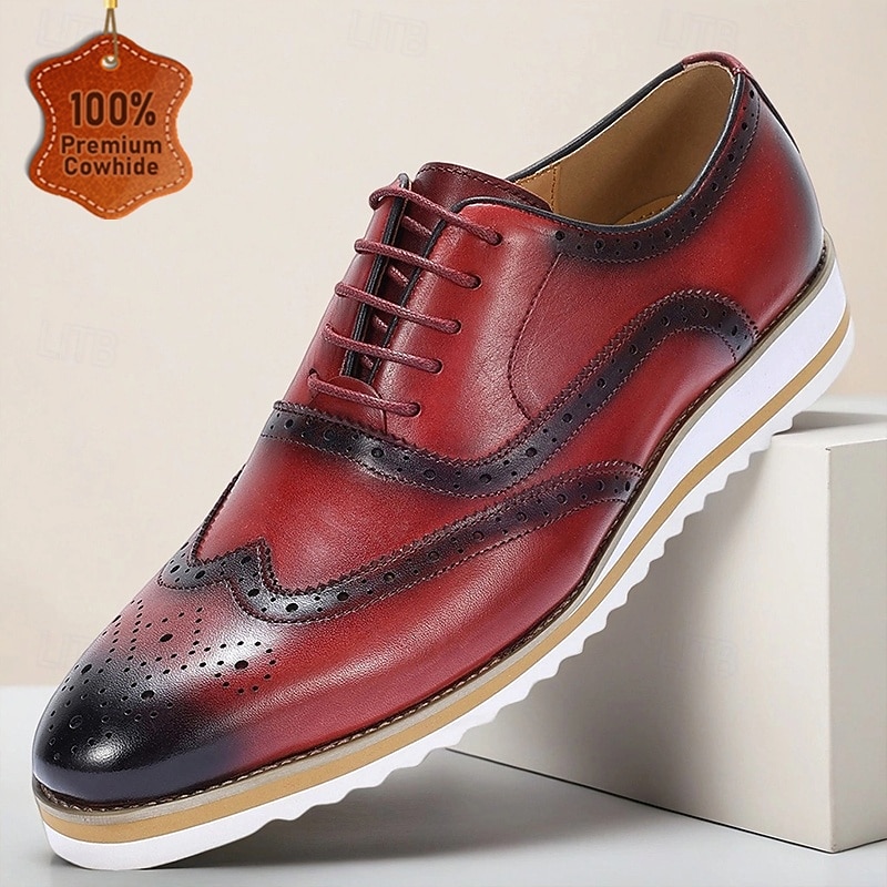 Men's Genuine Leather Red Wingtip Brogue Oxford Shoes – Classic Lace-Up Dress Footwear for Office, Parties and Formal Events