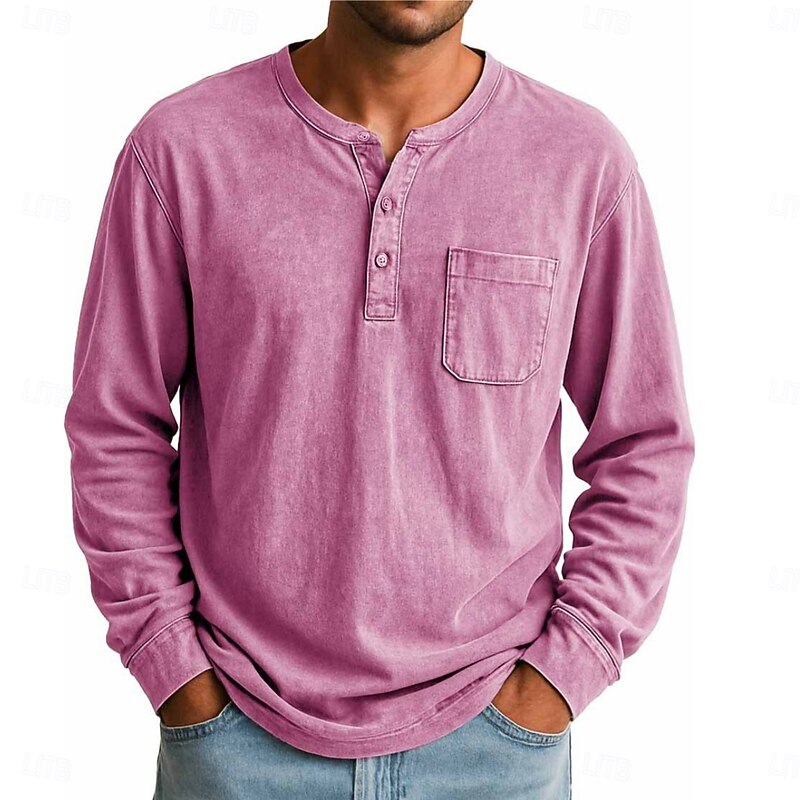Men's Henley Shirt T shirt Tee Long Sleeve Vintage Retro Vintage Casual Vintage Style Henley Casual Spring Fall All Seasons Black Pink Gray Henley T-Shirt2