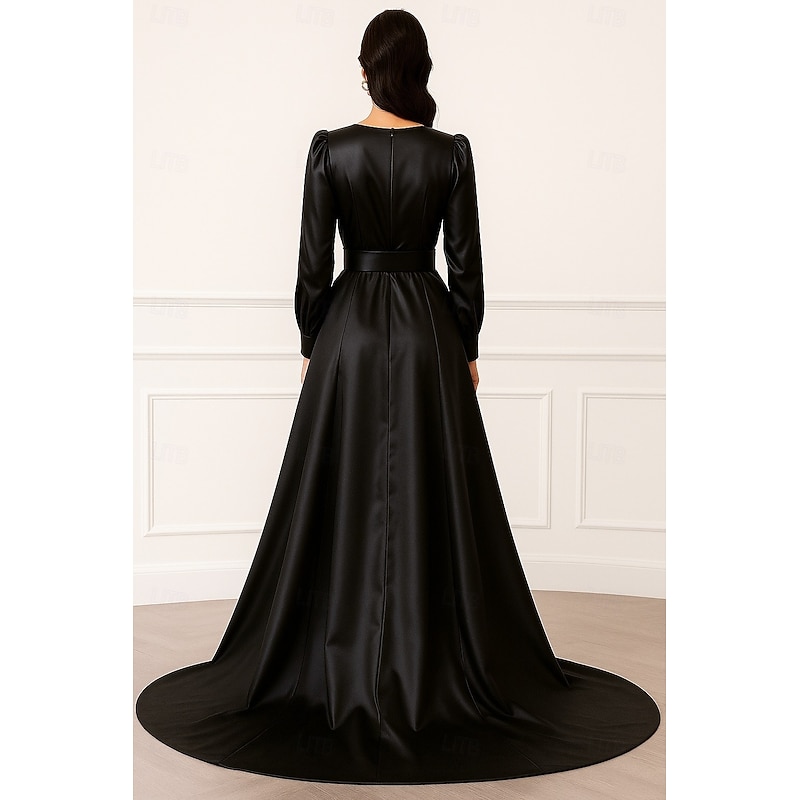 Black Gold Blue A-Line Evening Gown Elegant Formal Dress Formal Wedding Floor Length Half Sleeve Shirt Collar Satin with Slit Embroidery Appliques 20253