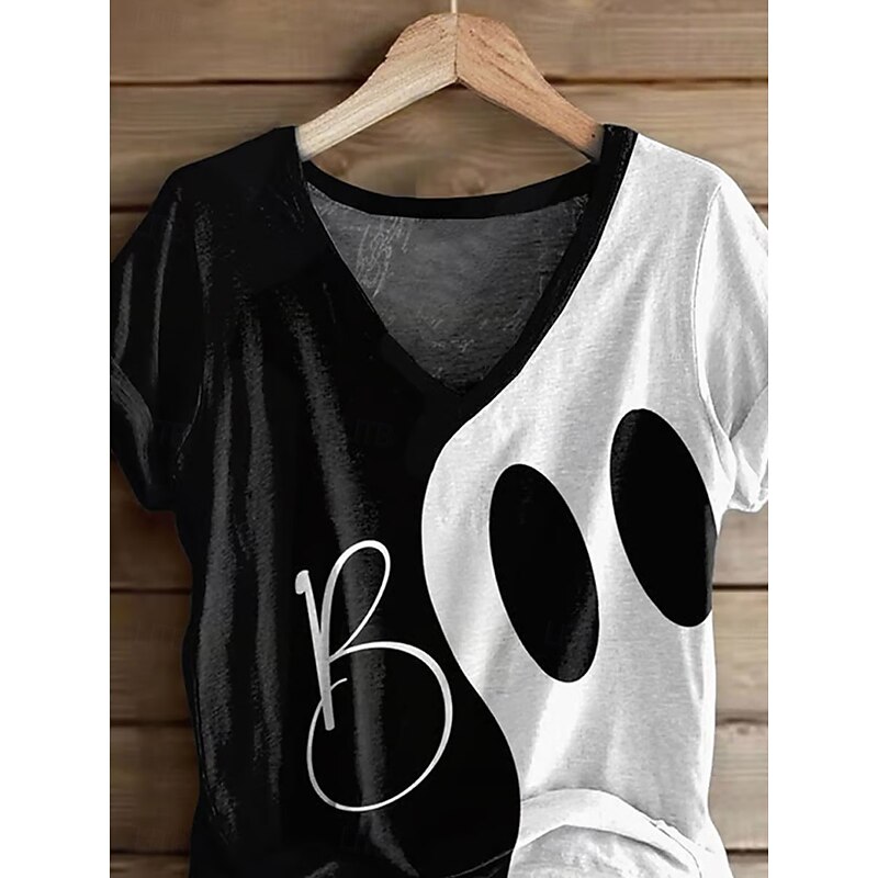 Halloween Women's T Shirt Graphic Ghost Vintage Stylish Classic Short Sleeve V Neck Regular Tops Daily Print White Summer Fall Winter2