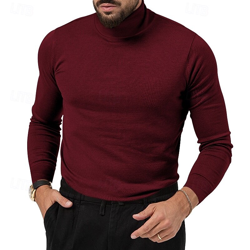Men's Sweater Pullover Sweater Jumper Ribbed Knit Regular Tops Knitted Slim Fit Plain Turtleneck Knitwear Contemporary Casual Daily Wear Clothing Apparel Fall Winter Black Burgundy M L XL2