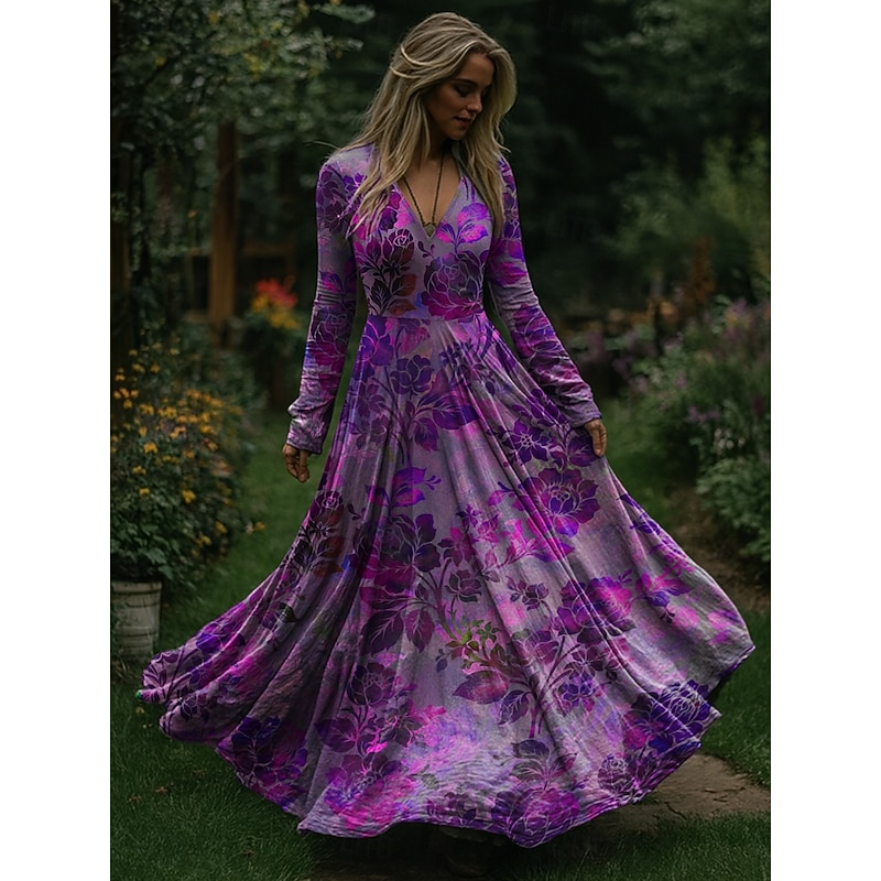 Christmas Women's Maxi Dress Pleated Dress Party Casual Boho Daily Date Going out Regular Fit Floral Long Sleeve V Neck Blue Purple Orange Spring Fall Winter3