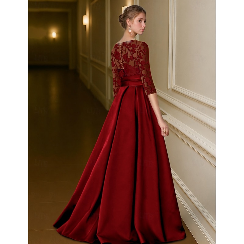 Red Black A-Line Evening Gown Elegant Formal Dress Formal Wedding Floor Length 3/4 Length Sleeve Illusion Neck Pocket Satin with Pocket 20252