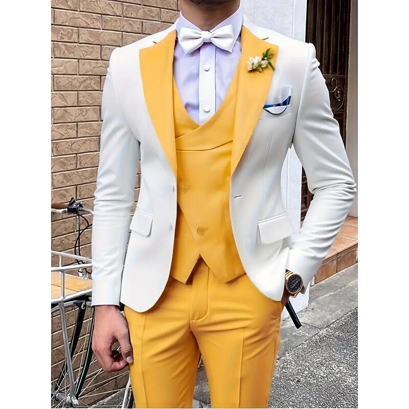 Men's Wedding Stage Party Suits Notch Lapel Yellow Red Fashion Patchwork Slim Fit 3 Piece Single Breasted One-button3