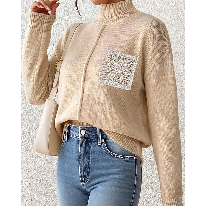 Women's Sweater Pullover Streetwear Casual Solid Color Turtleneck Knitted Long Sleeve Regular Tops Knit Daily Holiday Going out Black Khaki Fall Winter4
