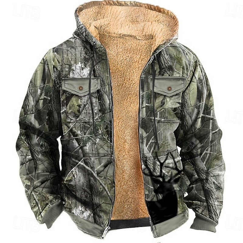 Men's Camo Camouflage Fleece Hoodie Jacket Fashion Cool Hooded Hunting Blue Green Zipper Pocket Fall Winter Designer3