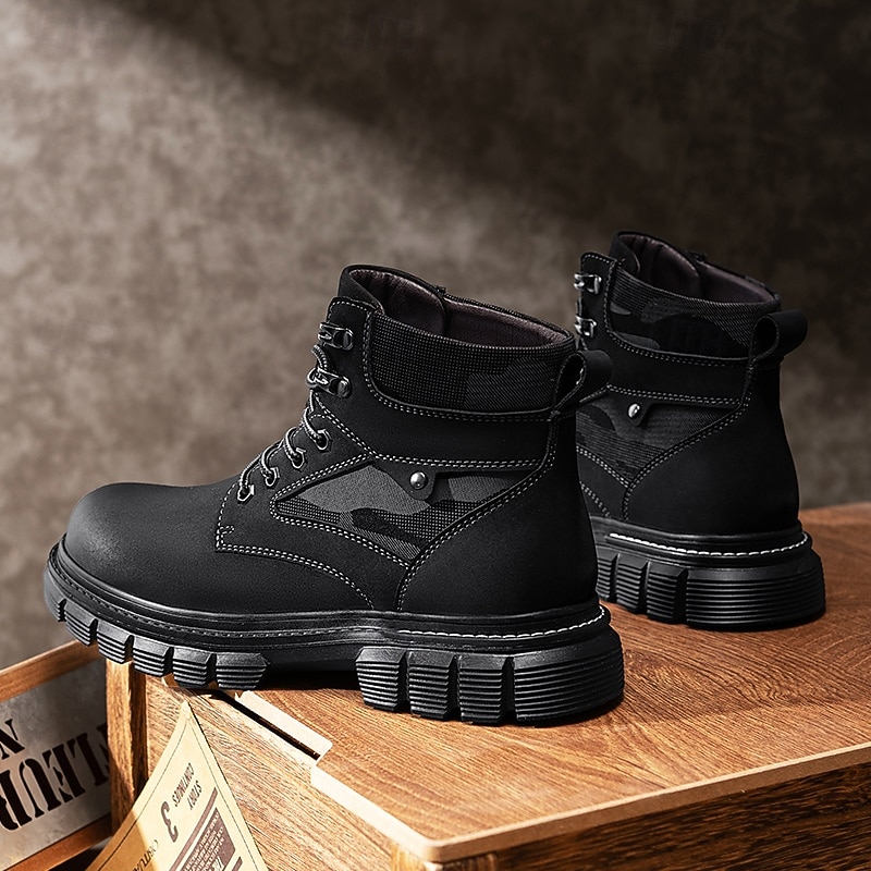 Black Faux Leather Men's Lace-Up Boots with Chunky Sole and Military Style – Perfect for Harley Riders, Punk Rockers, Casual Wear and Trendy Street Fashion2