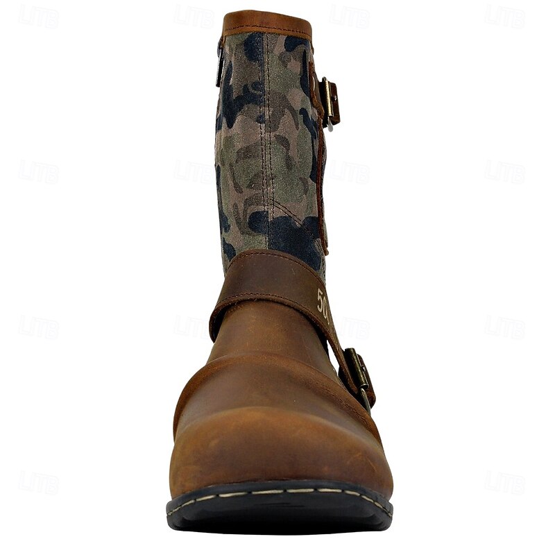 Men's Camouflage Leather Mid-Calf Boots with Buckle Straps, Military Tactical Style Outdoor Work Shoes3