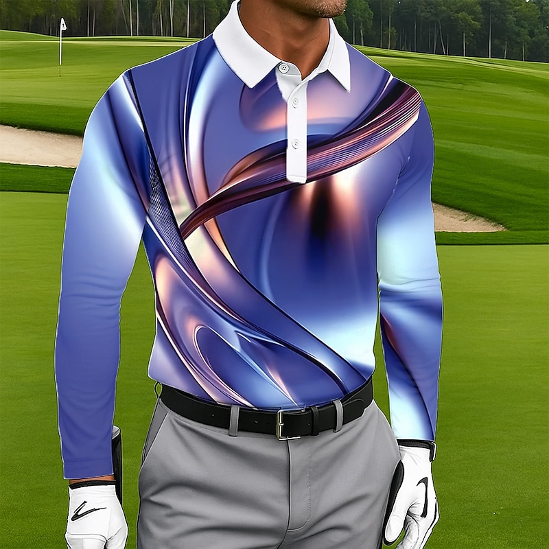 Men's Geometic Golf Polo Long Sleeve Polo Shirts Lapel Casual Outdoor Athleisure Daily Wear 3D Print Buttons Spring Fall Winter Blue Green