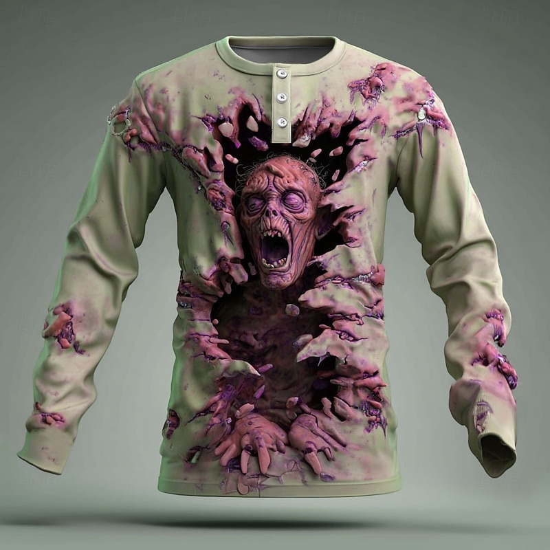 Men's Halloween Zombies Henley Shirt Long Sleeve Fashion Cute Daily Casual Holiday Going out Fall Spring &  Fall Green Purple Blue Khaki Henley Henley T-Shirt4